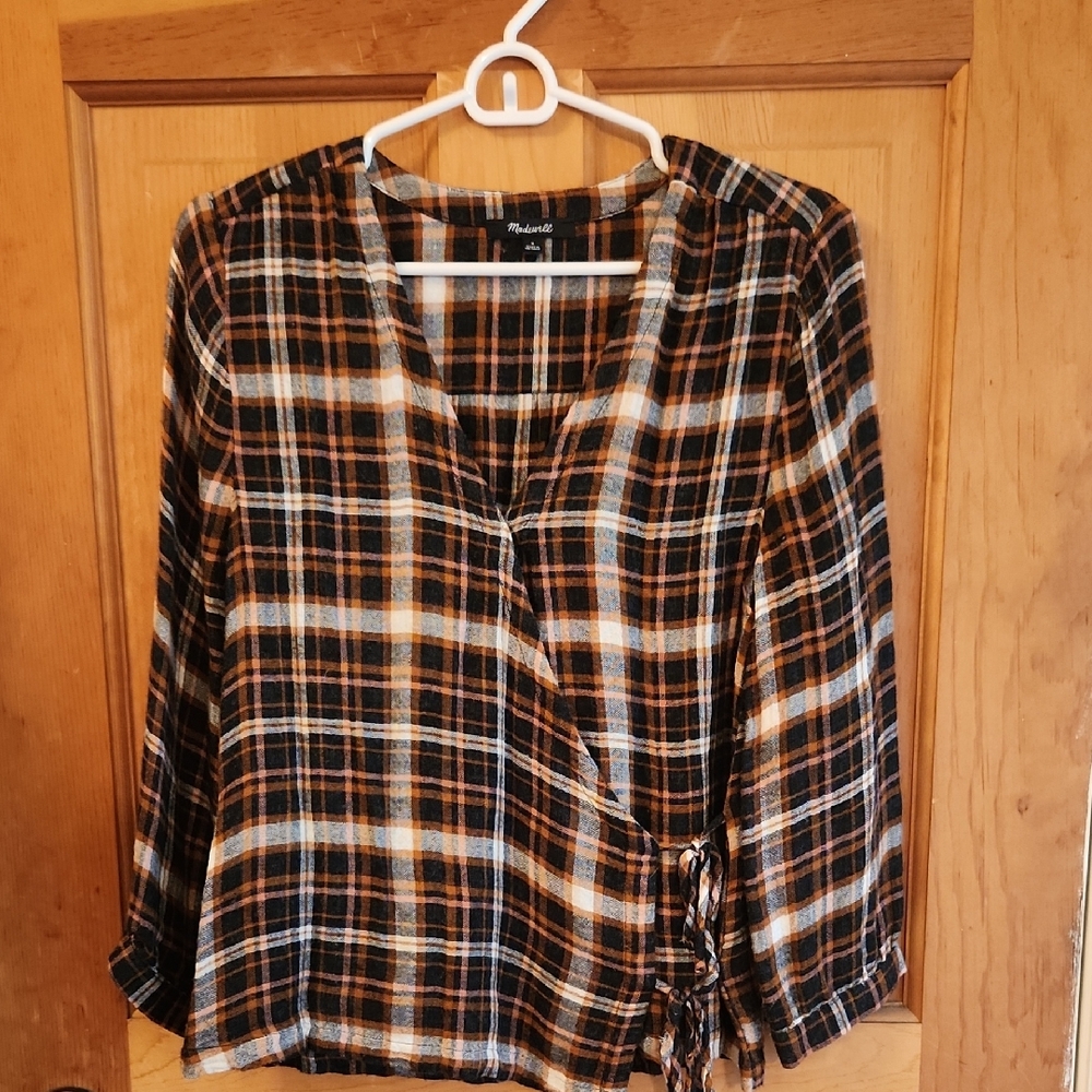 Madewell Black and Orange Plaid Wrap Blouse